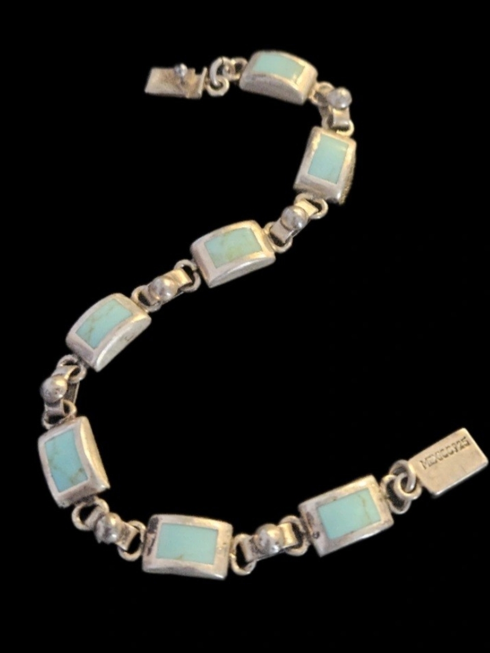 Vintage Mexican Sterling Silver Turquoise Inlay Panel Link Bracelet 925